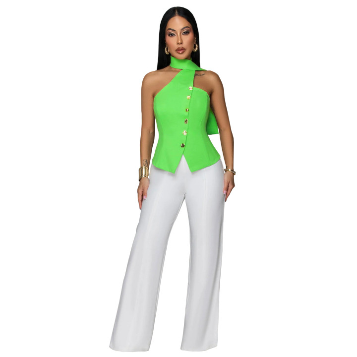Office-style Halter-neck Fitted Top And Wide-leg Pants Two-piece Set | Anvare