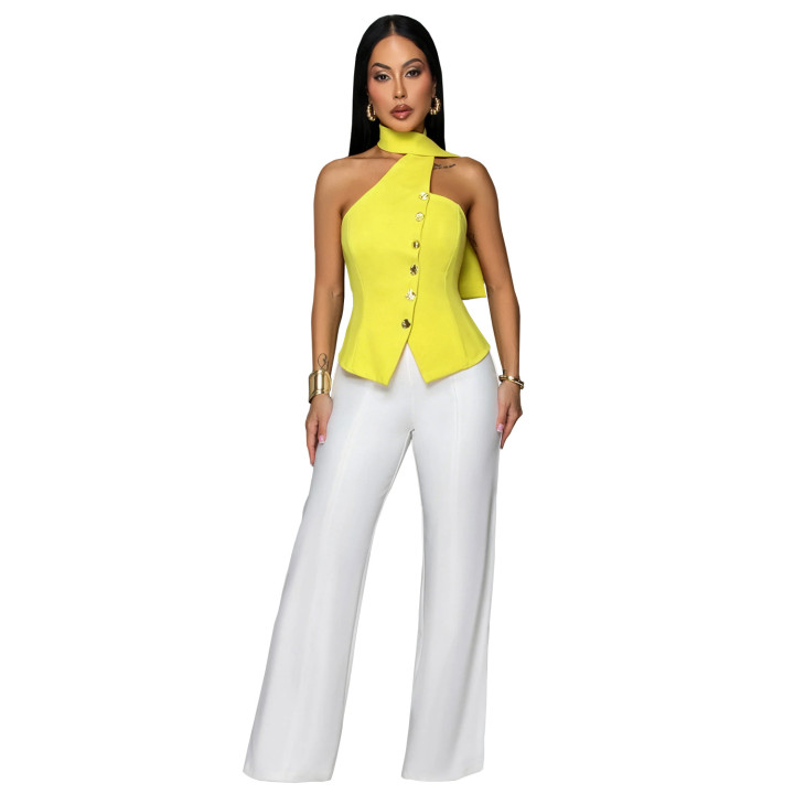 Office-style Halter-neck Fitted Top And Wide-leg Pants Two-piece Set | Anvare
