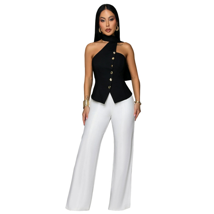 Office-style Halter-neck Fitted Top And Wide-leg Pants Two-piece Set | Anvare