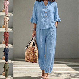 2pcs Set Women's Casual V-neck Collar Button Top Three-quarter-sleeve Top And Cropped Wide Leg Trousers Set Retro Female Offi | 