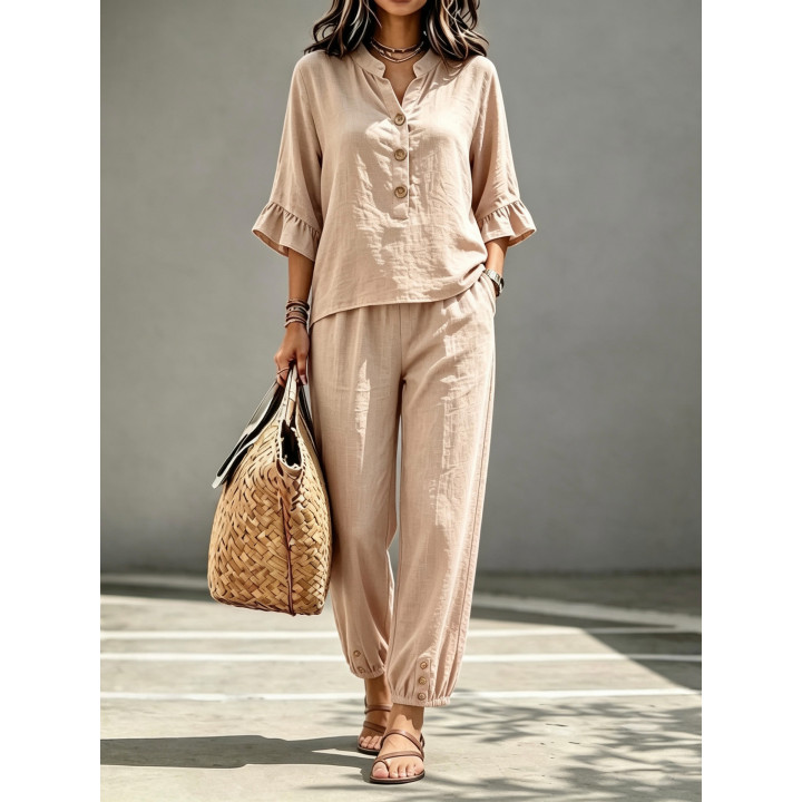 2pcs Set Women's Casual V-neck Collar Button Top Three-quarter-sleeve Top And Cropped Wide Leg Trousers Set Retro Female Offi | 
