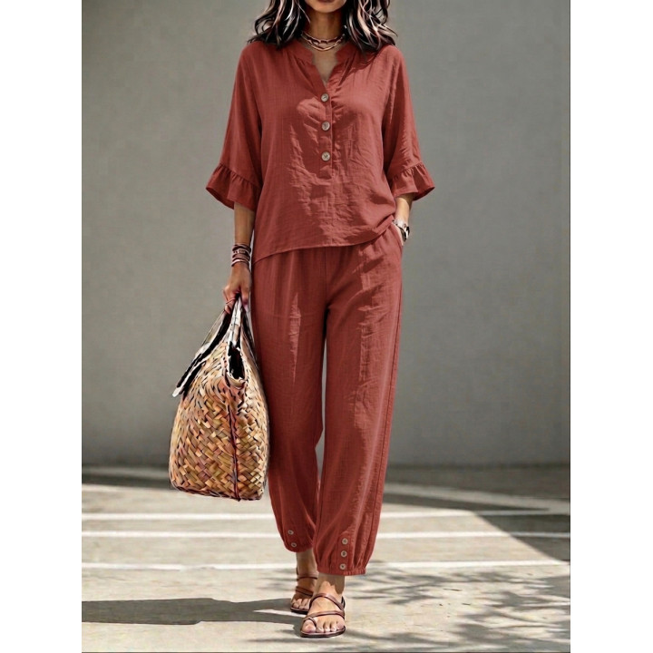 2pcs Set Women's Casual V-neck Collar Button Top Three-quarter-sleeve Top And Cropped Wide Leg Trousers Set Retro Female Offi | 