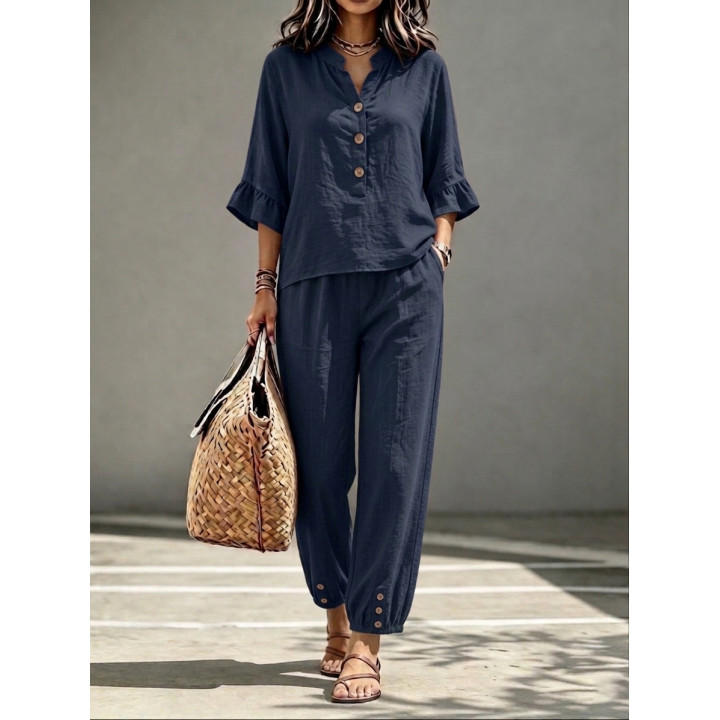 2pcs Set Women's Casual V-neck Collar Button Top Three-quarter-sleeve Top And Cropped Wide Leg Trousers Set Retro Female Offi | 