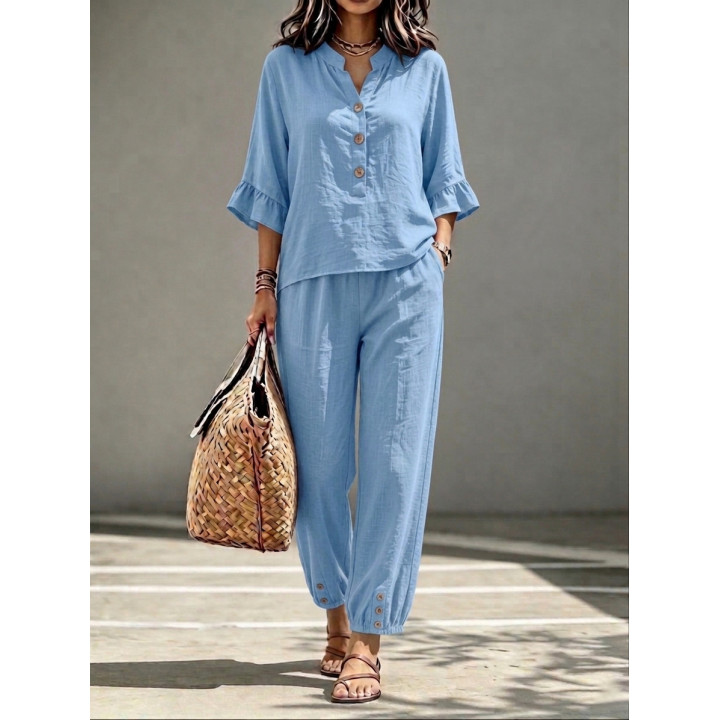 2pcs Set Women's Casual V-neck Collar Button Top Three-quarter-sleeve Top And Cropped Wide Leg Trousers Set Retro Female Offi | 