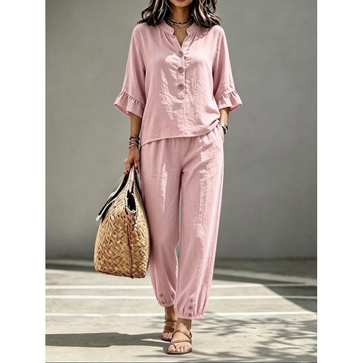 2pcs Set Women's Casual V-neck Collar Button Top Three-quarter-sleeve Top And Cropped Wide Leg Trousers Set Retro Female Offi | 