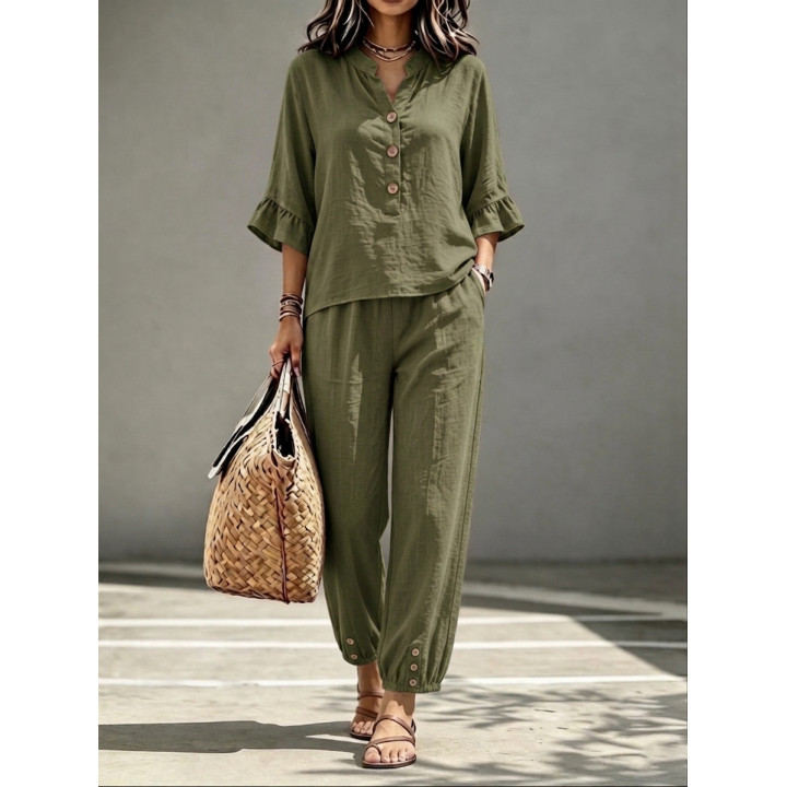 2pcs Set Women's Casual V-neck Collar Button Top Three-quarter-sleeve Top And Cropped Wide Leg Trousers Set Retro Female Offi | 