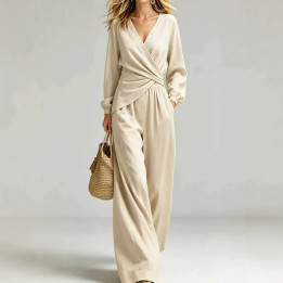 New AutumnWinter Solid-Color V-Neck Waist-Slimming Lantern-Sleeve Women's Two-Piece Suit | Anvare