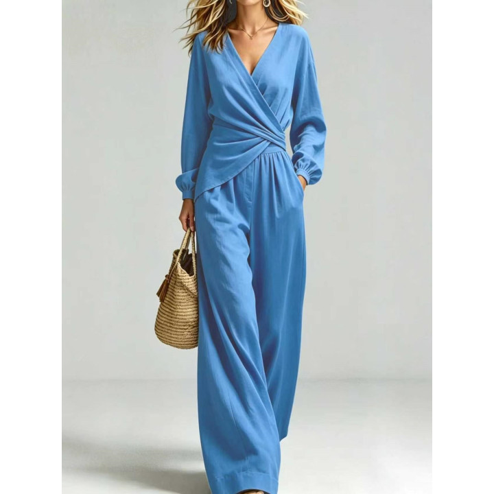 New AutumnWinter Solid-Color V-Neck Waist-Slimming Lantern-Sleeve Women's Two-Piece Suit | Anvare