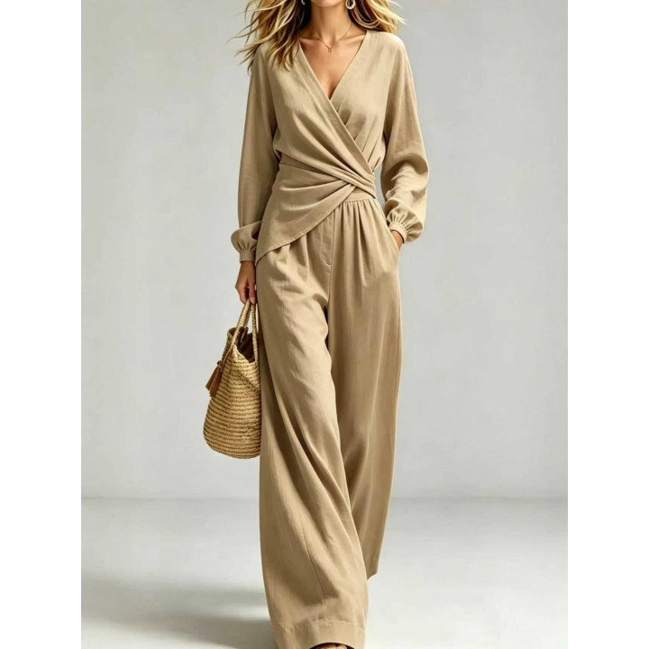 New AutumnWinter Solid-Color V-Neck Waist-Slimming Lantern-Sleeve Women's Two-Piece Suit | Anvare