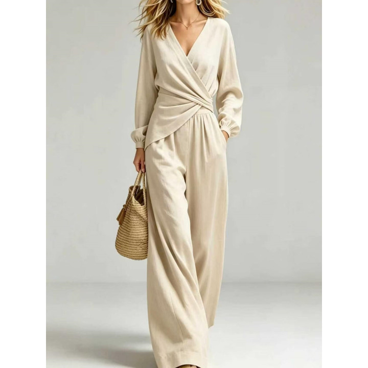 New AutumnWinter Solid-Color V-Neck Waist-Slimming Lantern-Sleeve Women's Two-Piece Suit | Anvare