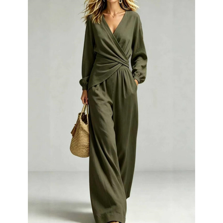 New AutumnWinter Solid-Color V-Neck Waist-Slimming Lantern-Sleeve Women's Two-Piece Suit | Anvare