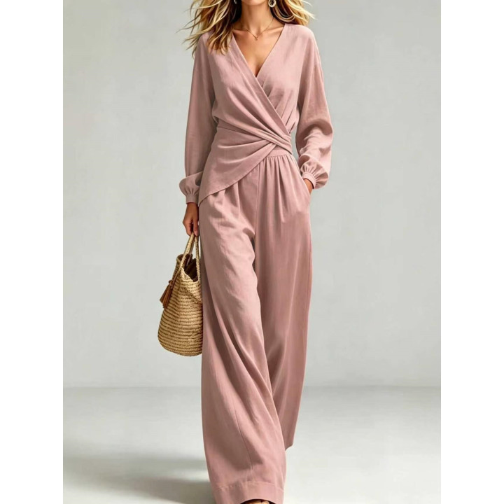 New AutumnWinter Solid-Color V-Neck Waist-Slimming Lantern-Sleeve Women's Two-Piece Suit | Anvare