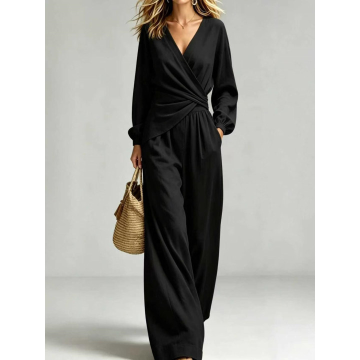New AutumnWinter Solid-Color V-Neck Waist-Slimming Lantern-Sleeve Women's Two-Piece Suit | Anvare