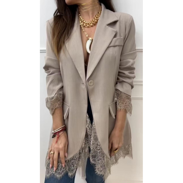 Notch-collar Patchwork Lace-trimmed Slim-fit Blazer | Anvare