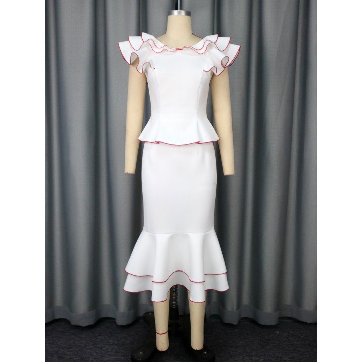 Women's Ruffled Contrast Color Top Temperament Slim Fishtail Skirt Suit | Anvare