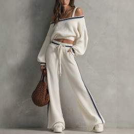 Arrival Eye-color Off-shoulder Sweater And Wide-leg Pants Two-piece Set | Anvare