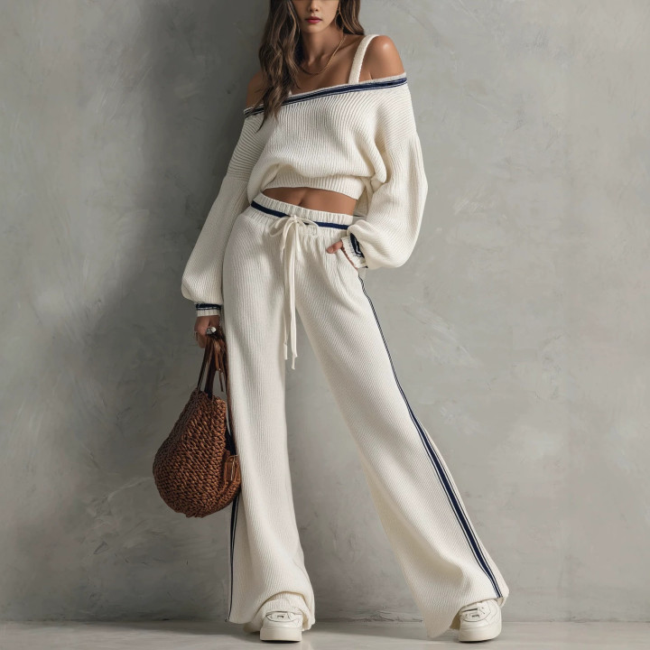 Arrival Eye-color Off-shoulder Sweater And Wide-leg Pants Two-piece Set | Anvare