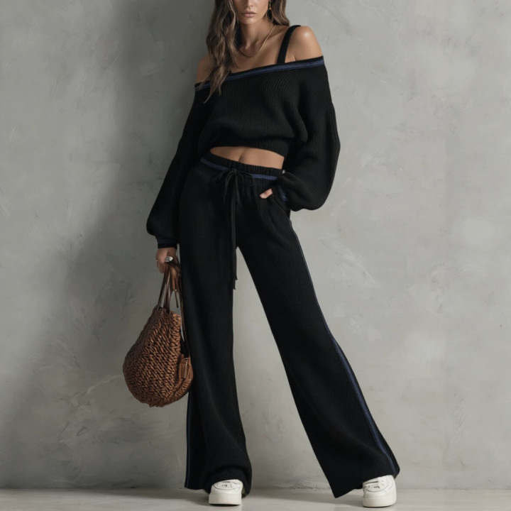 Arrival Eye-color Off-shoulder Sweater And Wide-leg Pants Two-piece Set | Anvare