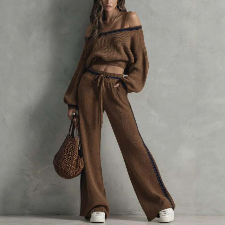 Arrival Eye-color Off-shoulder Sweater And Wide-leg Pants Two-piece Set | Anvare