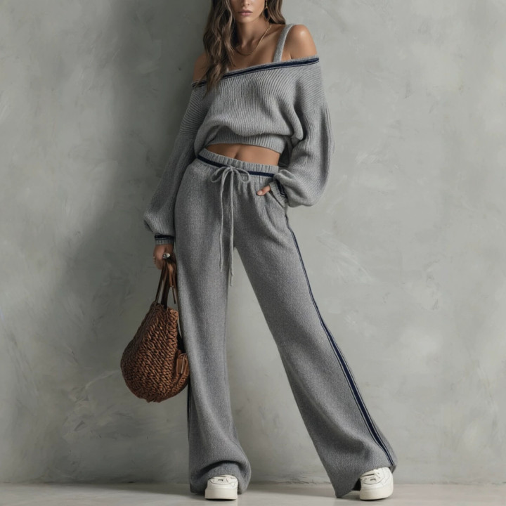 Arrival Eye-color Off-shoulder Sweater And Wide-leg Pants Two-piece Set | Anvare