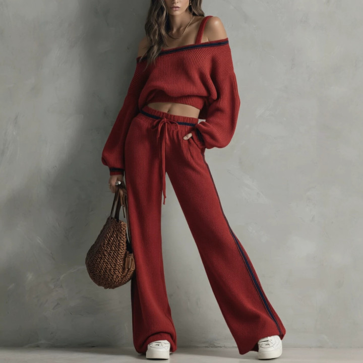 Arrival Eye-color Off-shoulder Sweater And Wide-leg Pants Two-piece Set | Anvare