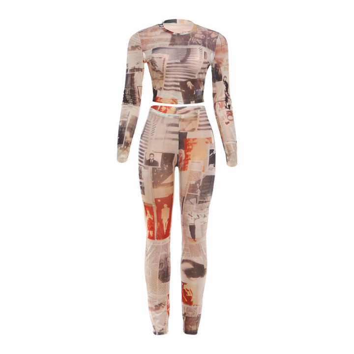 Womens Fashion Crew-neck Top And Retro-print Trousers Set | Anvare