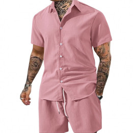 Mens Solid-Color Lapel Short-Sleeve Shirt Set | Anvare