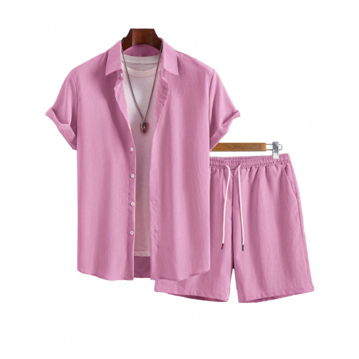 Mens Solid-Color Lapel Short-Sleeve Shirt Set | Anvare