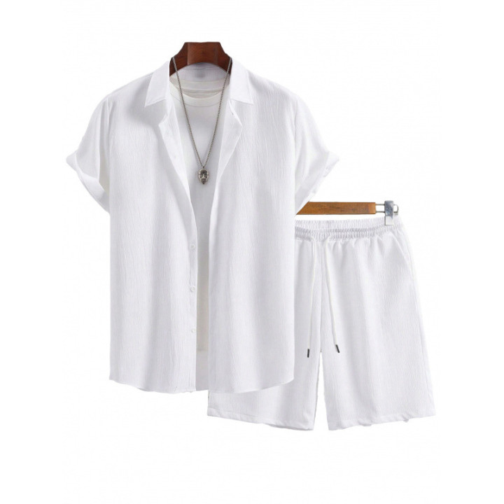 Mens Solid-Color Lapel Short-Sleeve Shirt Set | Anvare