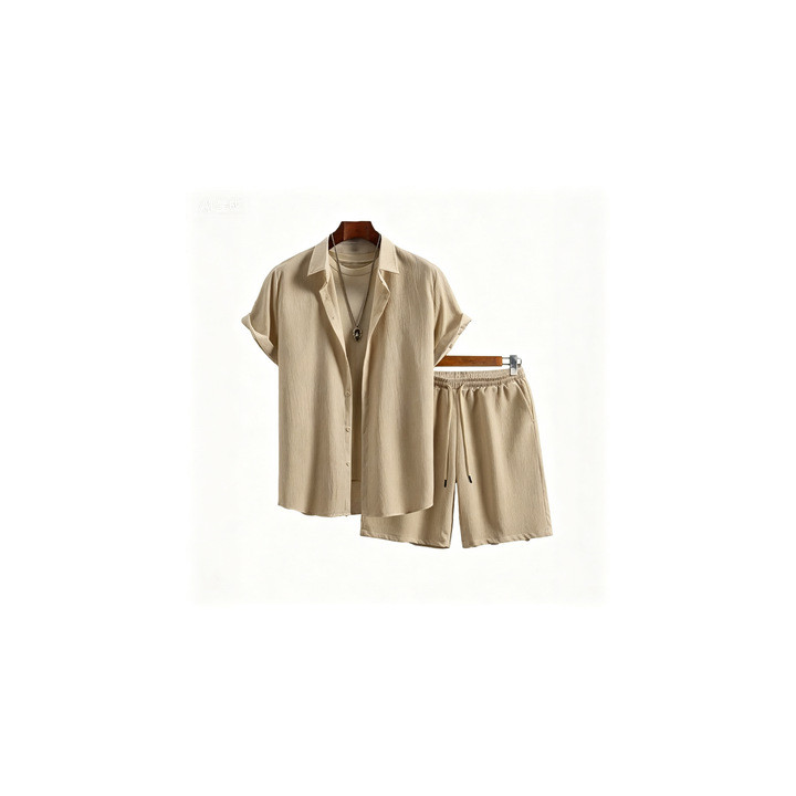Mens Solid-Color Lapel Short-Sleeve Shirt Set | Anvare