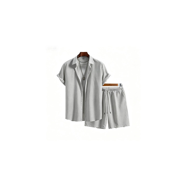 Mens Solid-Color Lapel Short-Sleeve Shirt Set | Anvare