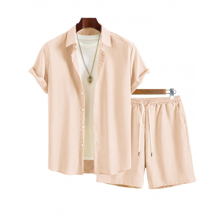 Mens Solid-Color Lapel Short-Sleeve Shirt Set | Anvare