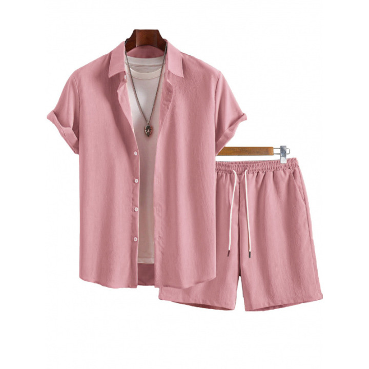 Mens Solid-Color Lapel Short-Sleeve Shirt Set | Anvare
