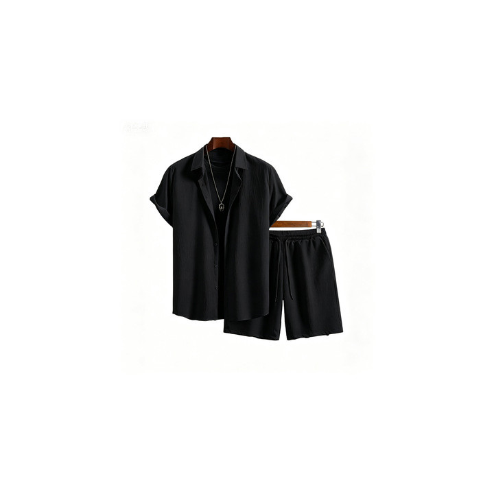 Mens Solid-Color Lapel Short-Sleeve Shirt Set | Anvare