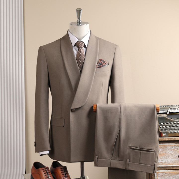 Men Taupe Shawl Lapel One Button 2 Pieces Suit Blazer & Pants Set | Anvare