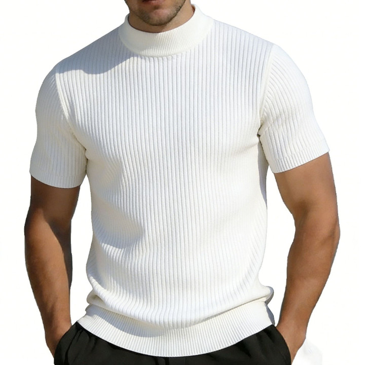 Short-sleeved Knitted T-shirt For Men Mock Neck Solid Color | Anvare