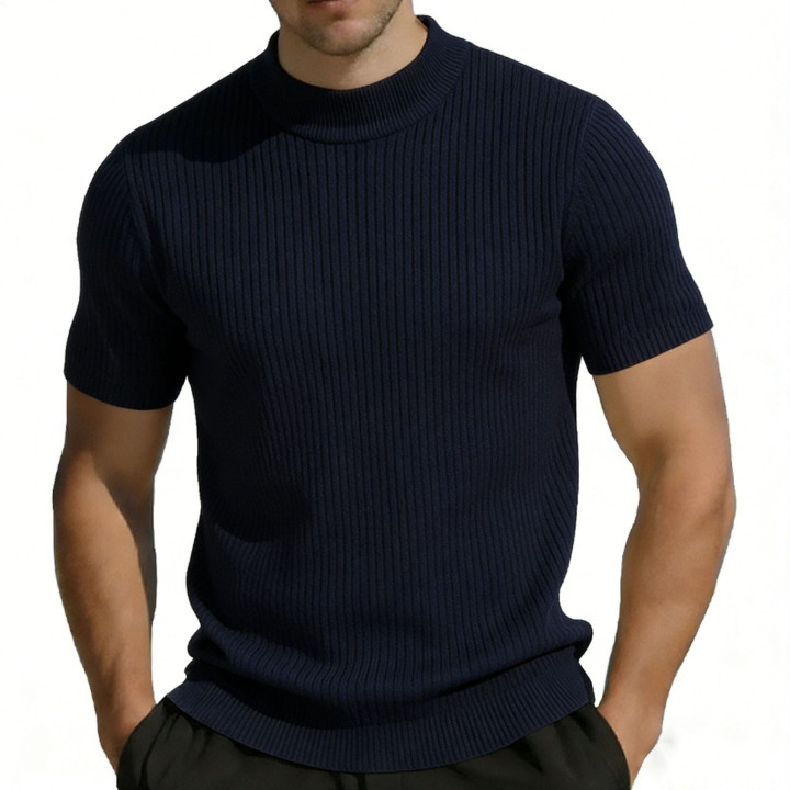Short-sleeved Knitted T-shirt For Men Mock Neck Solid Color | Anvare