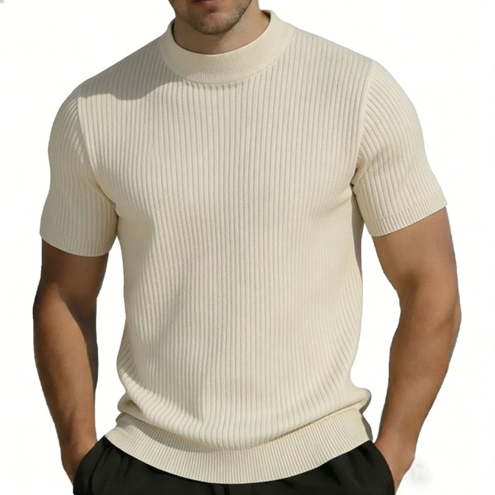 Short-sleeved Knitted T-shirt For Men Mock Neck Solid Color | Anvare