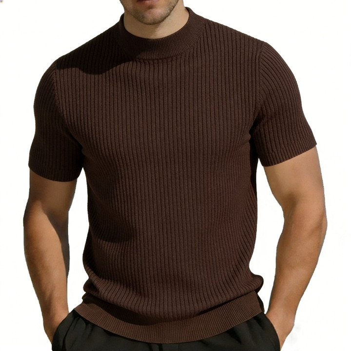 Short-sleeved Knitted T-shirt For Men Mock Neck Solid Color | Anvare