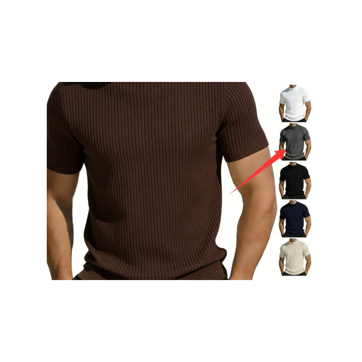 Short-sleeved Knitted T-shirt For Men Mock Neck Solid Color | Anvare