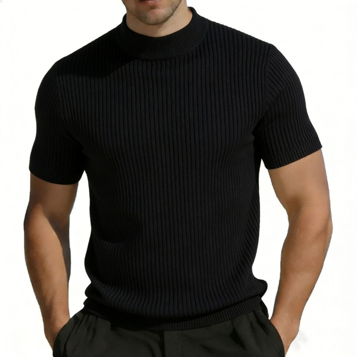 Short-sleeved Knitted T-shirt For Men Mock Neck Solid Color | Anvare