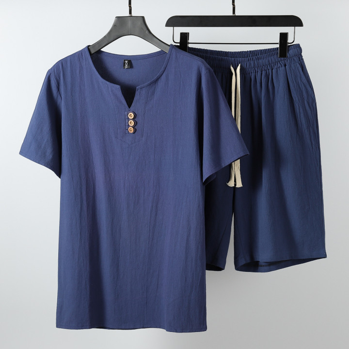 Mens Retro Linen Short-sleeve T-shirt Set | Anvare