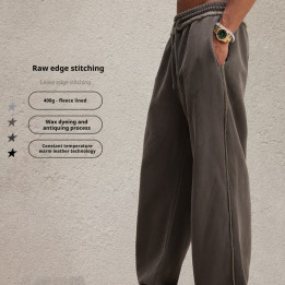 Distressed Streetwear Heavyweight Raw-edge Washed Fleece-lined Straight-leg Trousers For Men | Anvare