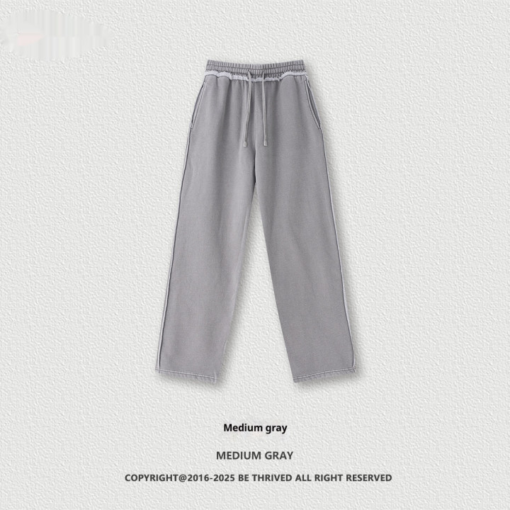 Distressed Streetwear Heavyweight Raw-edge Washed Fleece-lined Straight-leg Trousers For Men | Anvare