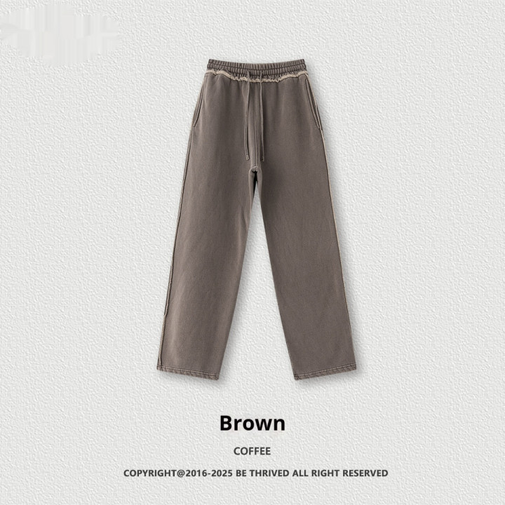 Distressed Streetwear Heavyweight Raw-edge Washed Fleece-lined Straight-leg Trousers For Men | Anvare