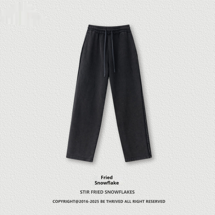 Distressed Streetwear Heavyweight Raw-edge Washed Fleece-lined Straight-leg Trousers For Men | Anvare
