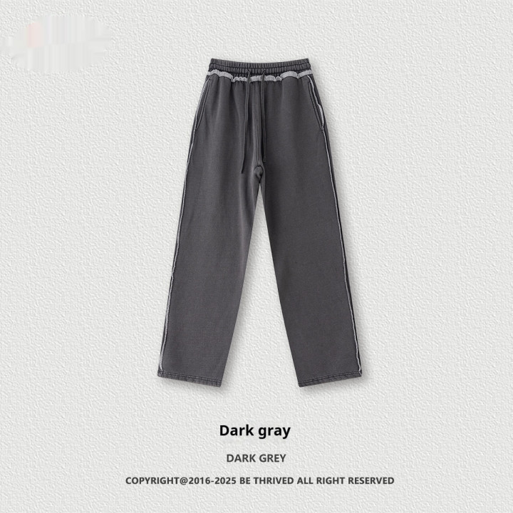 Distressed Streetwear Heavyweight Raw-edge Washed Fleece-lined Straight-leg Trousers For Men | Anvare