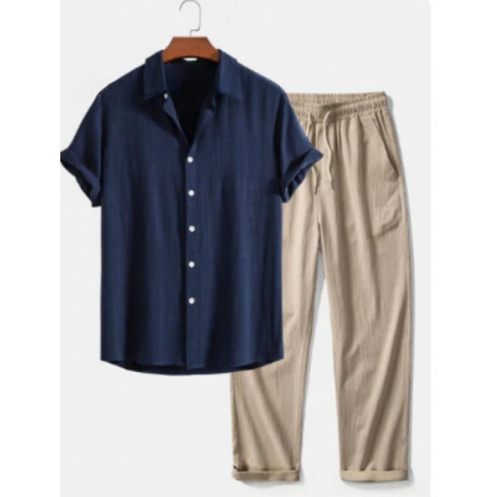 Mens 3D-printed Loose-fit Short-sleeve Shirt Set | Anvare