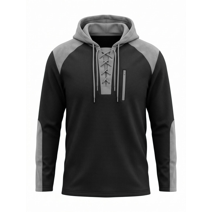 Men's Spring And Autumn Lace Hooded Sweater Waffle Color Matching Top | Anvare