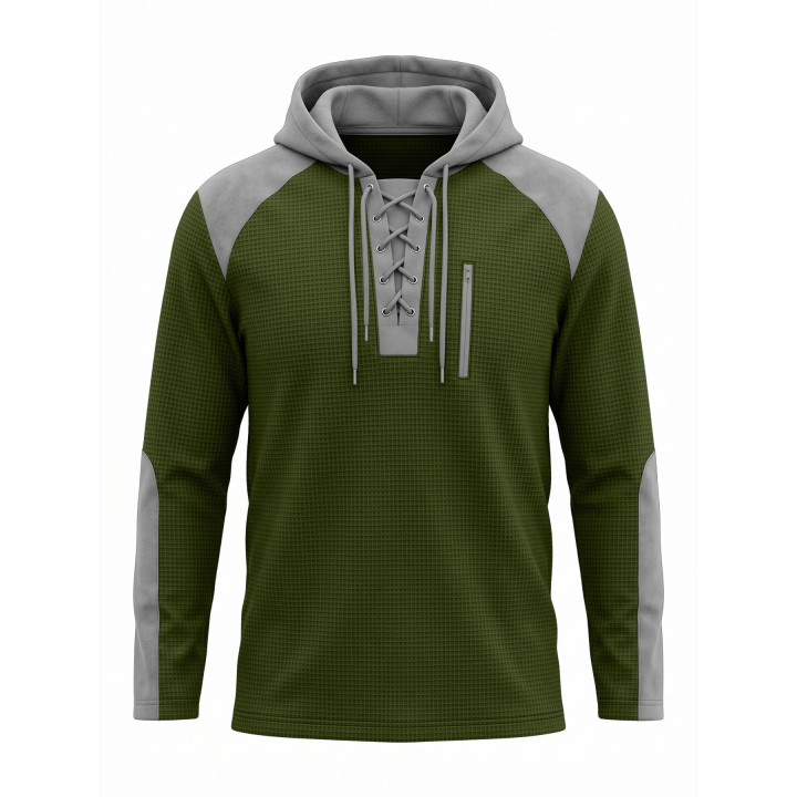 Men's Spring And Autumn Lace Hooded Sweater Waffle Color Matching Top | Anvare